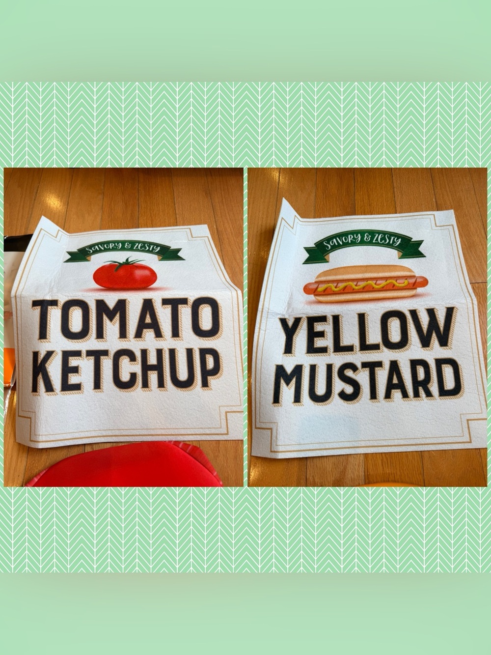 2 costume hats and signs (him and her) ketchup and mustard